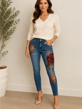 Chico’s Floral Embroidered Jeggings Petite US 6 Blue Stretch Skinny Jeans EUC